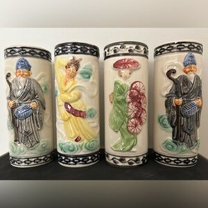 Four Vintage MCM “Orchids of Hawaii” ceramic Tiki Asian Inspired Tumblers / Mugs